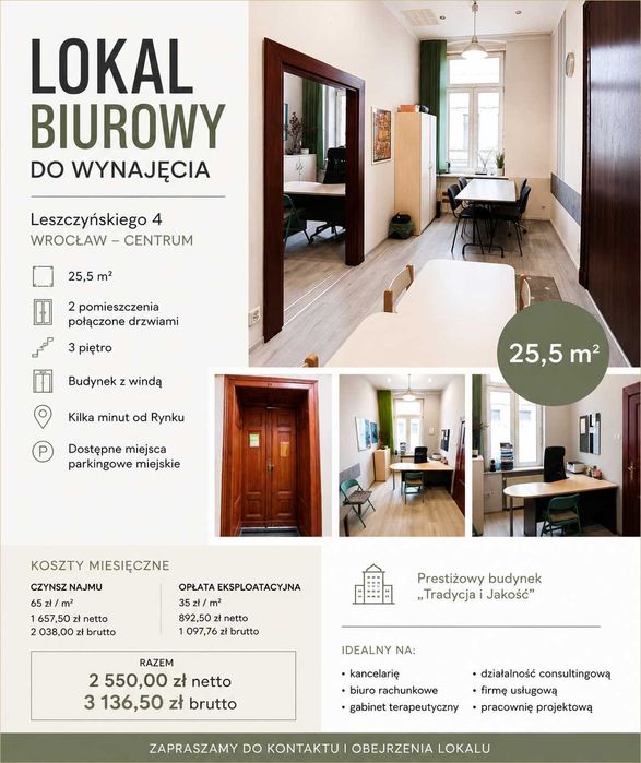 Lokal biurowy do wynajęcia | Centrum Wrocławia | 25,5 m²