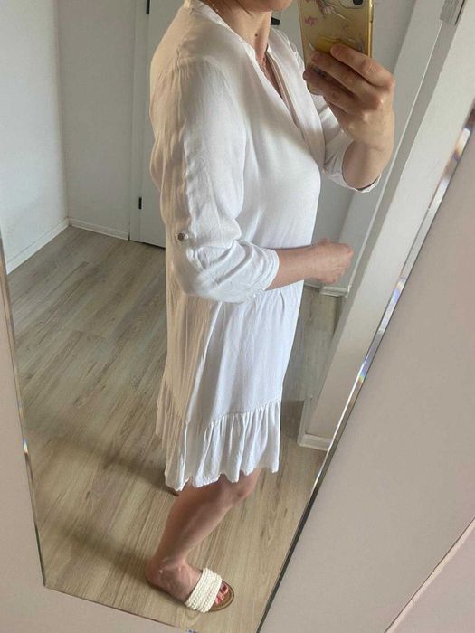 Sukienka biała midi narzutka dekolt V falbana boho oversize Top secret