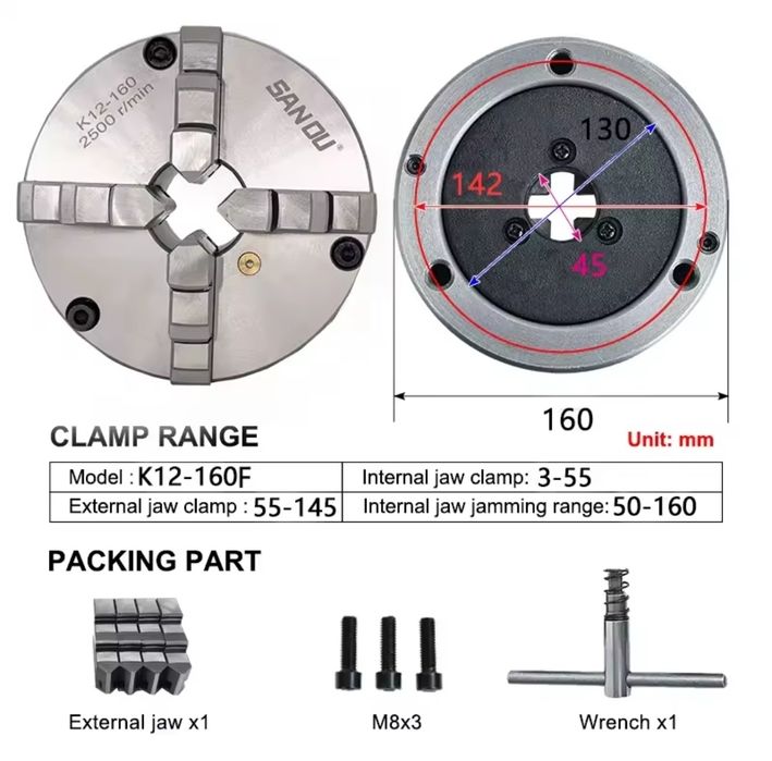Bucha / Mandril 160mm 4 Garras autocentrante para Torno Mecânico