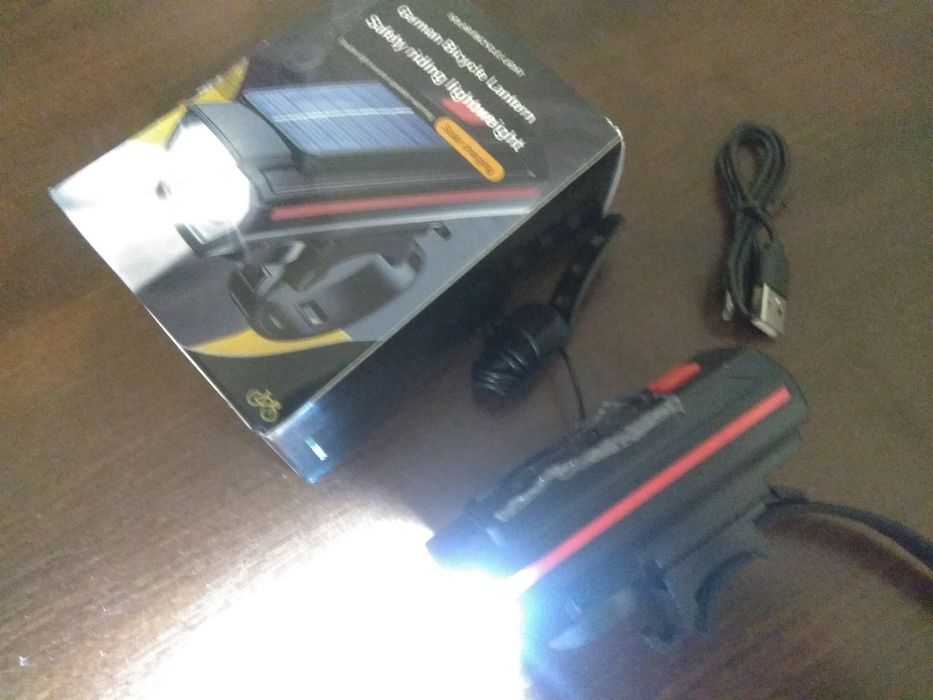 Аккумуляторный вело фонарь фара с звонком и солнечной батареей