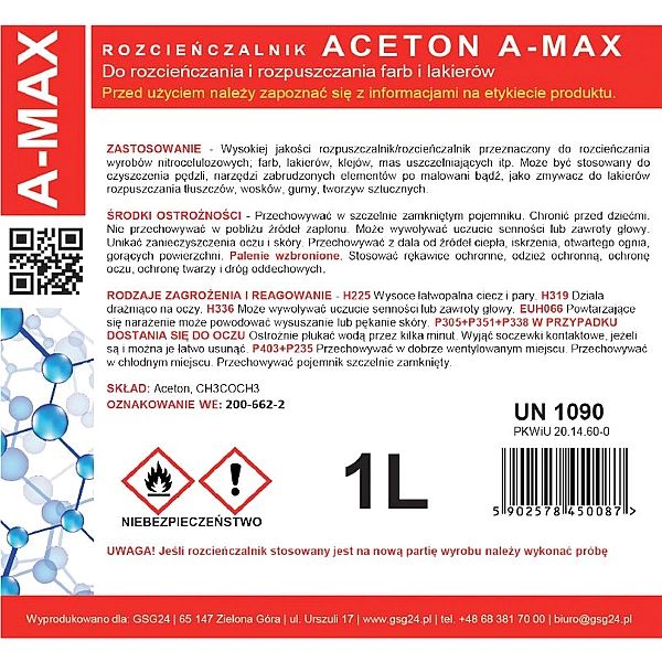 Aceton rozpuszczalnik zmywacz A-MAX 1L