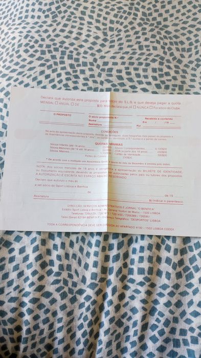 SLB - Sport Lisboa e Benfica - modelo de inscrição para sócio