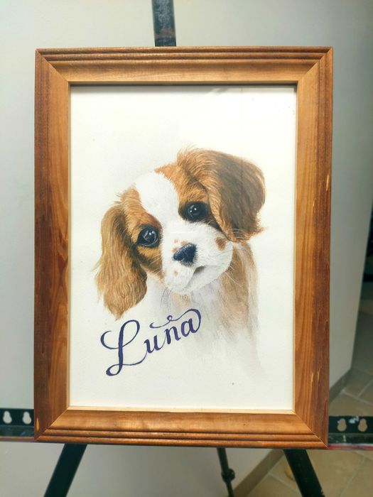 Portret psa – King Charles Spaniel, Oryginalny Obraz Akwarela, ołówki