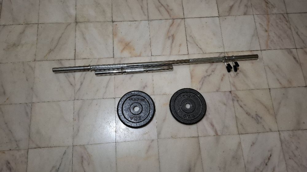 Barra 120cm 30mm 2 discos 5kg e barra harter 45cm 30mm
