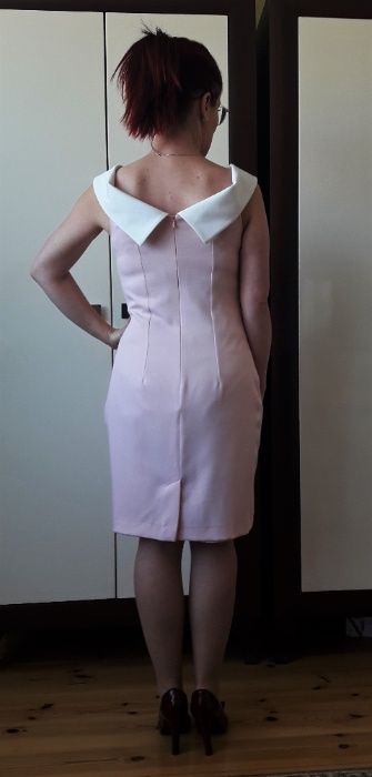 Sukienka koktajlowa, elegancka - różowa biała, rozm. S-wesele, komunia
