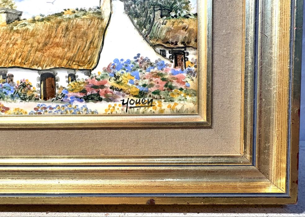 Linda pintura de paisagem francesa  sobre azulejo assinada Youen