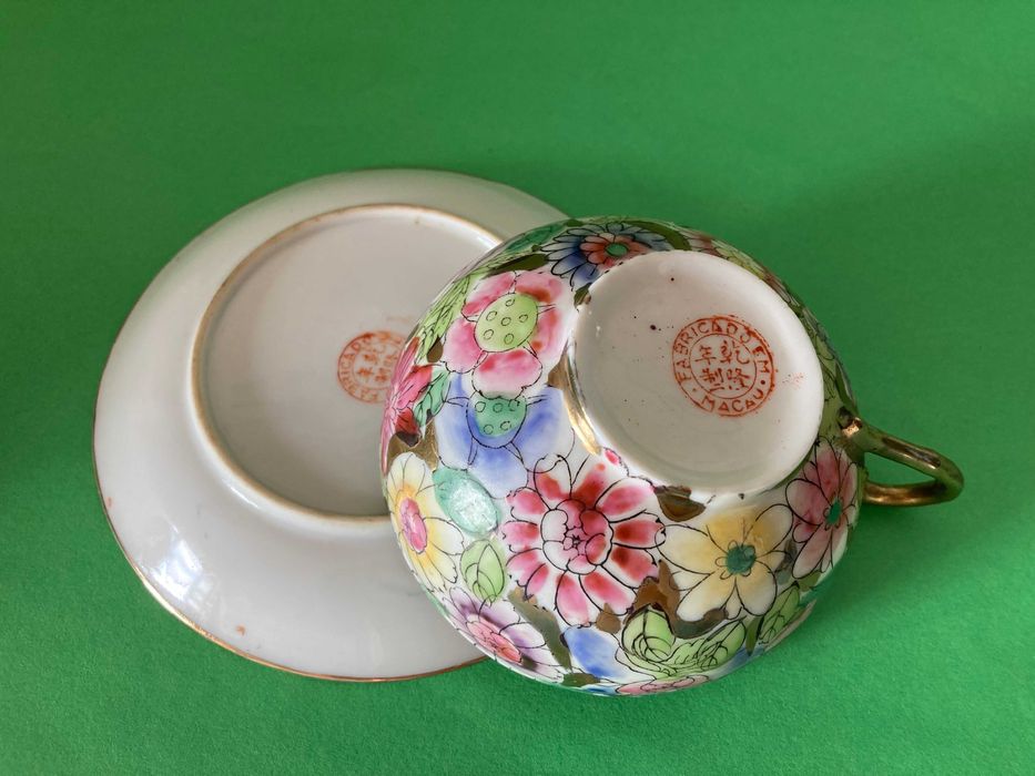 Chávena e pires porcelana casca ovo Fabricado em Macau Antiga chinesa