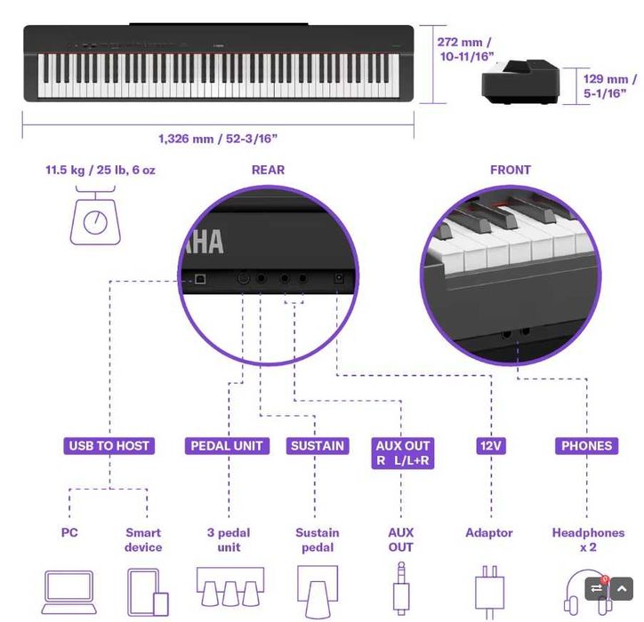 YAMAHA P-225 Czarne Pianino + Statyw Ławka Słuchawki |  ZESTAW