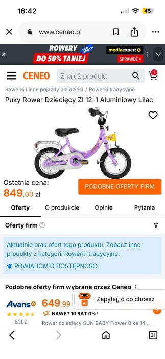 Rower dziecięcy PUKY fioletowy 12 cali