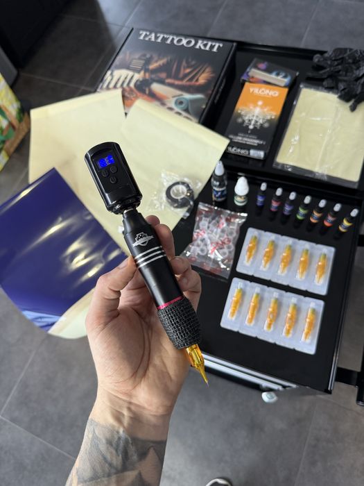 Kit Tatuagem Completo SEM FIOS com pele pada treinar, tintas, stencil