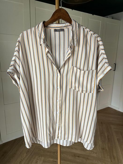 Biała koszula w żółto granatowe paski z wiskozy rozmiar 48 marki C&A