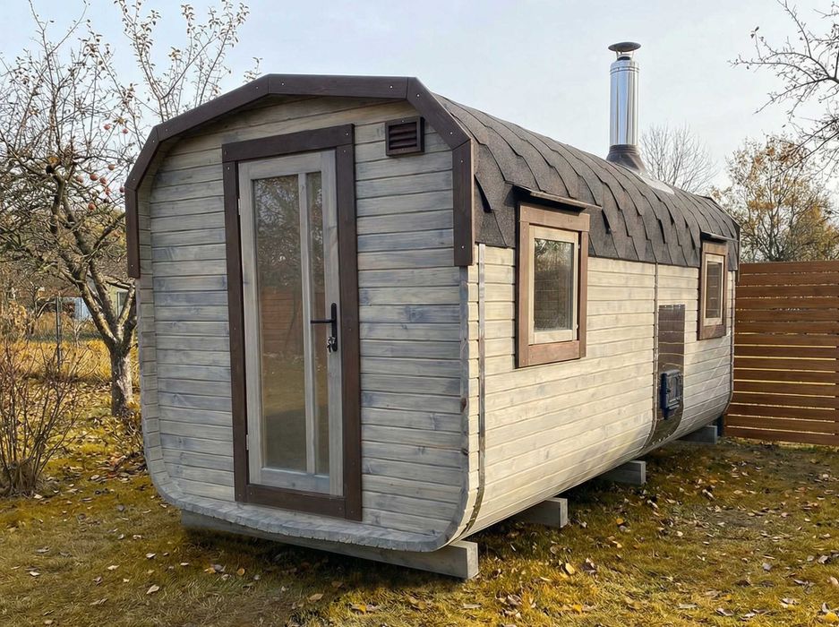 SAUNA Ogrodowa beczka 4m + GRATIS: balia do schłodzenia+LED - z piecem