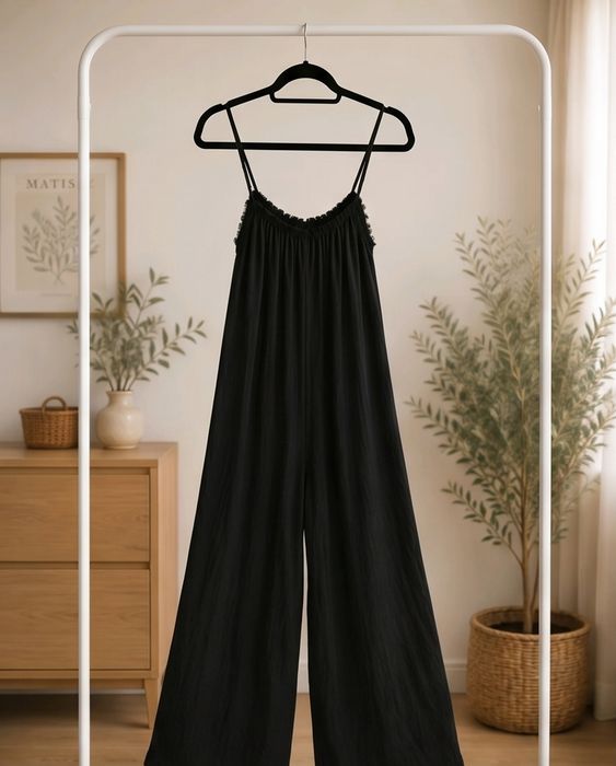 Kombinezon na ramiączkach oversize szeroka nogawka plus size czarny