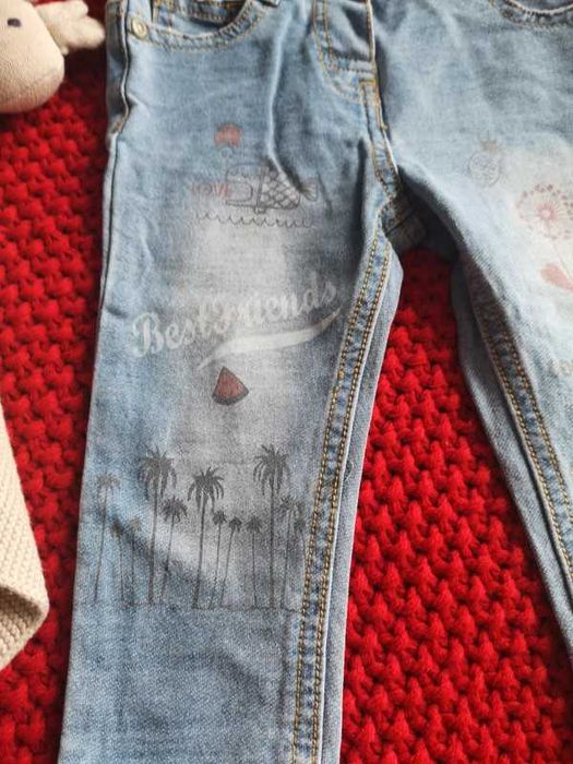 NUCLEO jeansy z streczem wakacyjne wzory 74-80 cm 9-12m.
