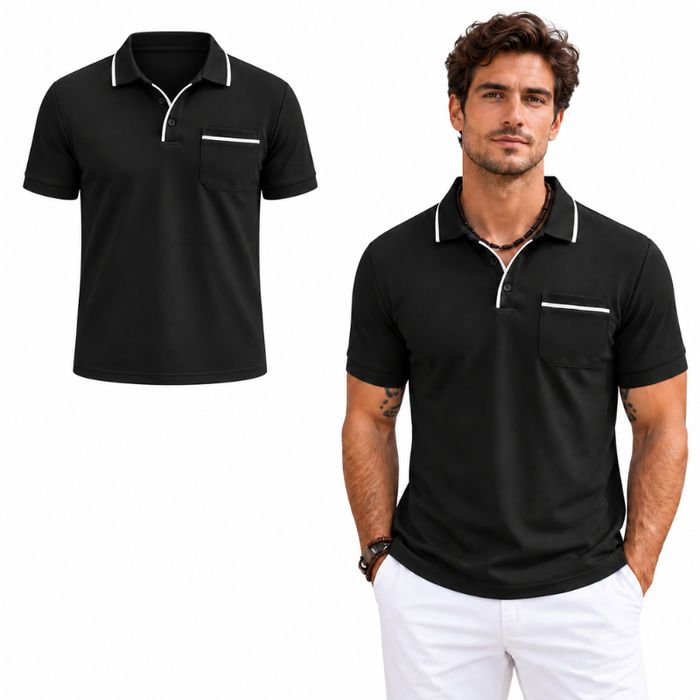 Koszulka Polo Męska Czarna Bawełniana Krótki Rękaw Golf Tenis XL