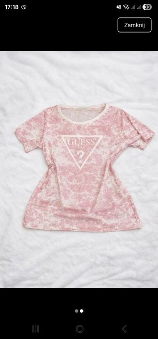 Koszulka Guess XS oversize – różowa, cekiny przód i rękawy