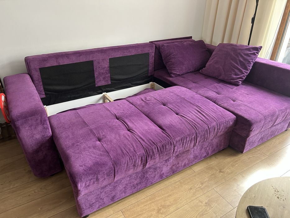 Fioletowy narożnik welur sofa narożna