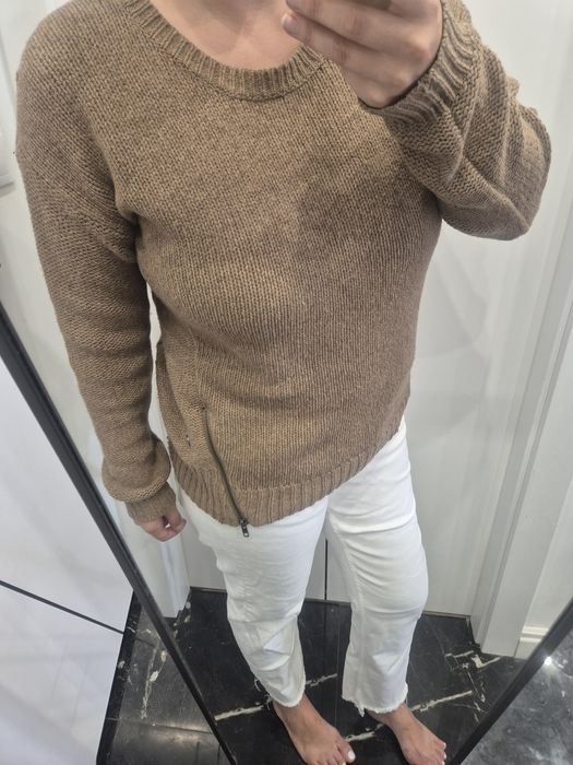 Sweter brązowy zimowy gruby plecione wełniany merino casual basic knit