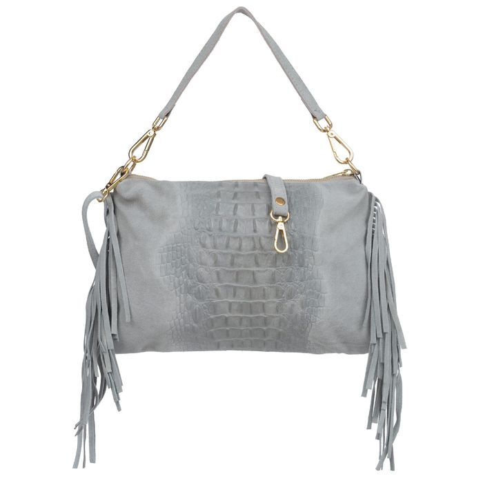 VERA PELLE torebka zamszowa listonoszka kroko z frędzlami V492 j.szara