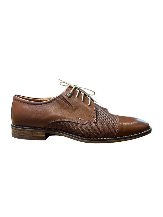 Buty męskie eleganckie skórzane wizytowe brązowe półbuty Derby rozmiar 45 OBG70WZ47 BRĄZOWY BEŻOWA NIĆ OZDOBNA