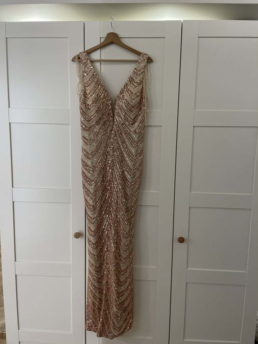 Sukienka wieczorowa maxi – cekiny, różowe złoto , Sylwester