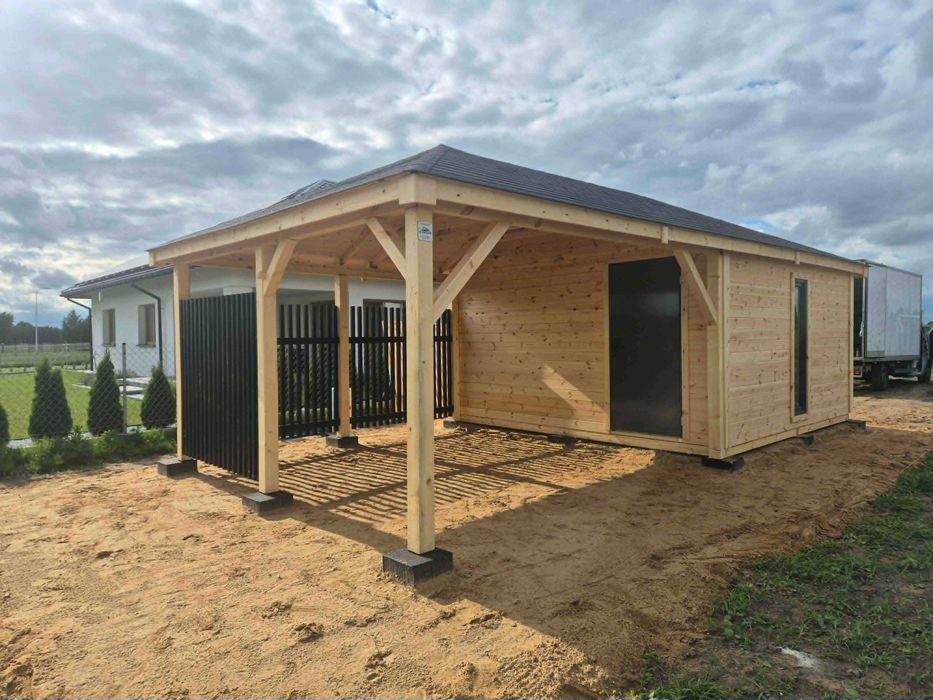 Domek narzędziowy z altaną • • • • BLANCA • • • • 8x4 m czarne lamele DREWNOTRIK