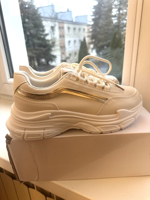 Beżowe kremowe buty adidasy sneakersy na platformie grubej podeszwie