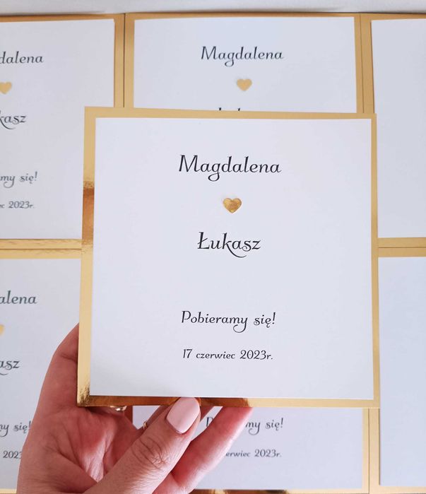 Zaproszenia ślubne złote serduszko Glamour klasyczne