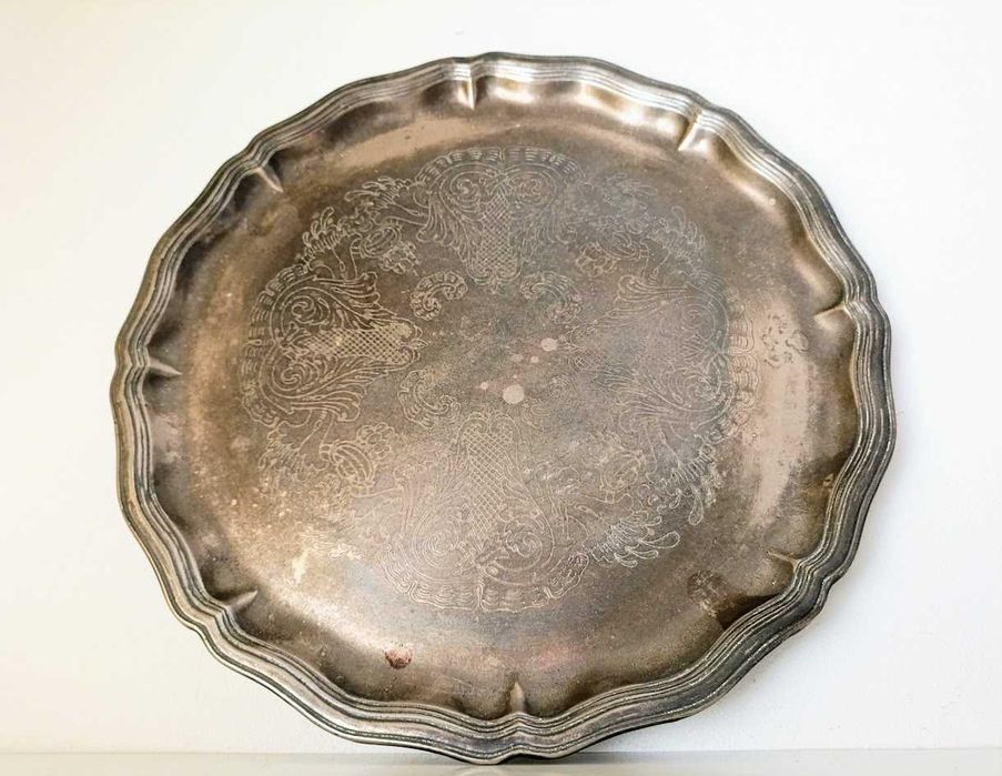 Conjunto de chá antigo 3 peças + tabuleiro casquinha de prata