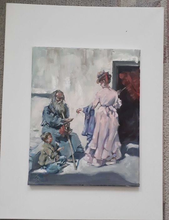 Jałmużna. Obraz olejny na płótnie. 40x50 cm