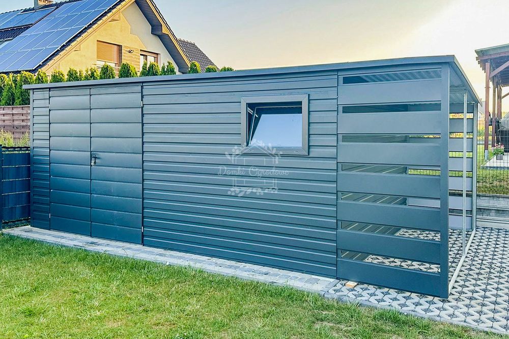 Schowek Domek Ogrodowy 4,5x2m Wiata 1m Brama Dwu Okno Antracyt  ID617