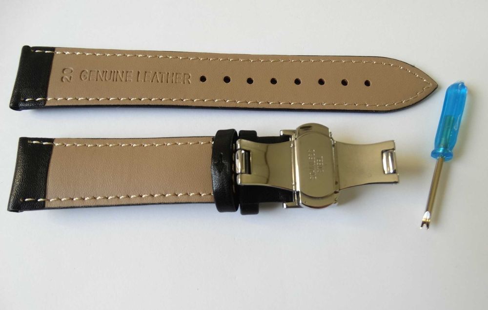 Pasek skórzany do zegarka 20mm 22mm klamra motylkowa srebrna czarny