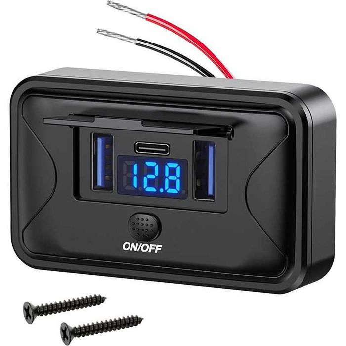 Накладная зарядка в авто, 2 USB + PD Type-C + Вольтметр, 12-24В QC 3.0