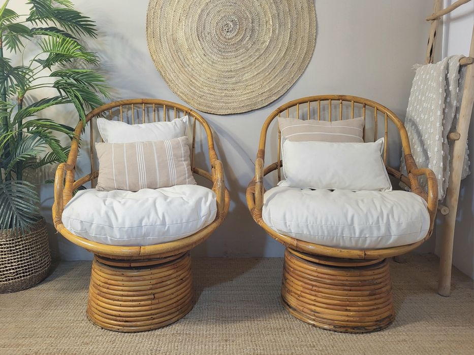 2 cadeiras, poltrona, rotativas, bambu, rattan, vintage, rustico