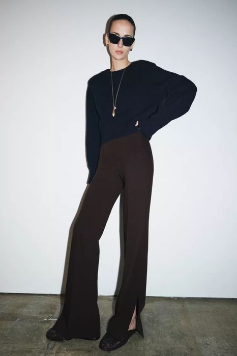 Розкльошені штани з розрізами zw collection, коричневі брюки zara, брюки zara