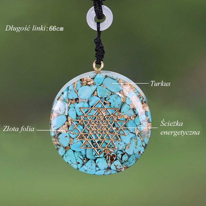 Naszyjnik Błękit Turkus Złota Folia Orgonit Naturalna Żywica Spokój