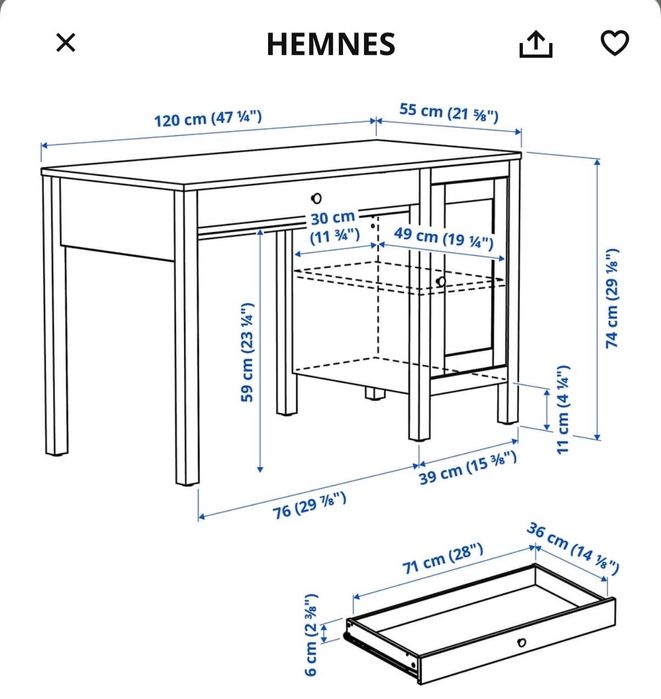 Białe biurko z szufladą i szafką, Hemnes Ikea