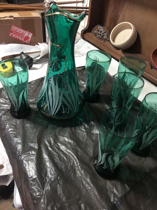 Conjunto de jarro e copos + copos de brandy e garrafa cristal d’arques