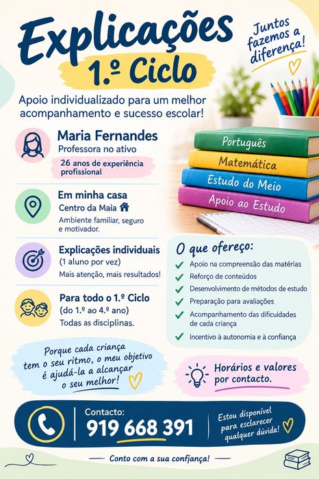 Explicações 1.º Ciclo | Professora no ativo | 26 anos de experiência | Maia