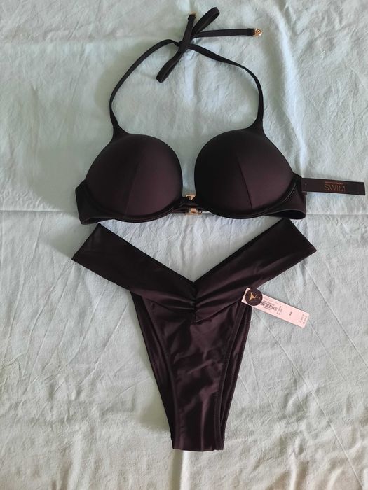 Черный купальник Victoria's secret бомбшелл двойной пуш-ап bombshell S M с пушапом бандо 75С 75В 80А со стразами 85F 80F стринги розовый хаки портупея