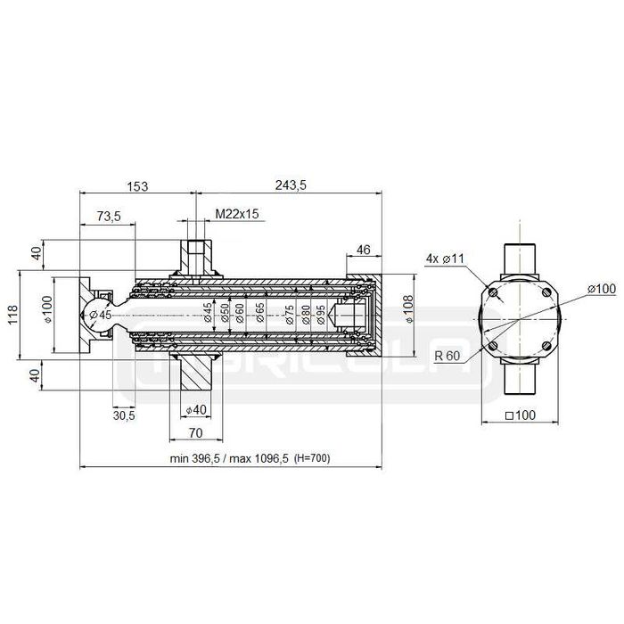 Siłownik teleskopowy 75/3/700 z kołyską