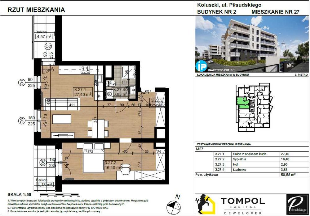 Nowoczesne 2 pokoje z balkonem | 50,58 m² | Koluszki, ul. Piłsudskiego | 3 piętro