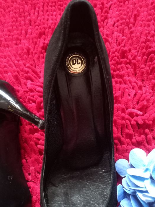 Buty szpilki czarne DL 40, 39 lakierki zamsz boho, must have