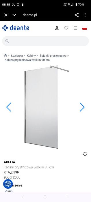 Szyba prysznic walk-in 90x200 Abelia Deante ścianka prysznicowa