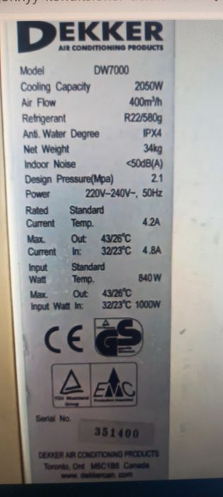 Кондиционер Dekker DW7000 оконный