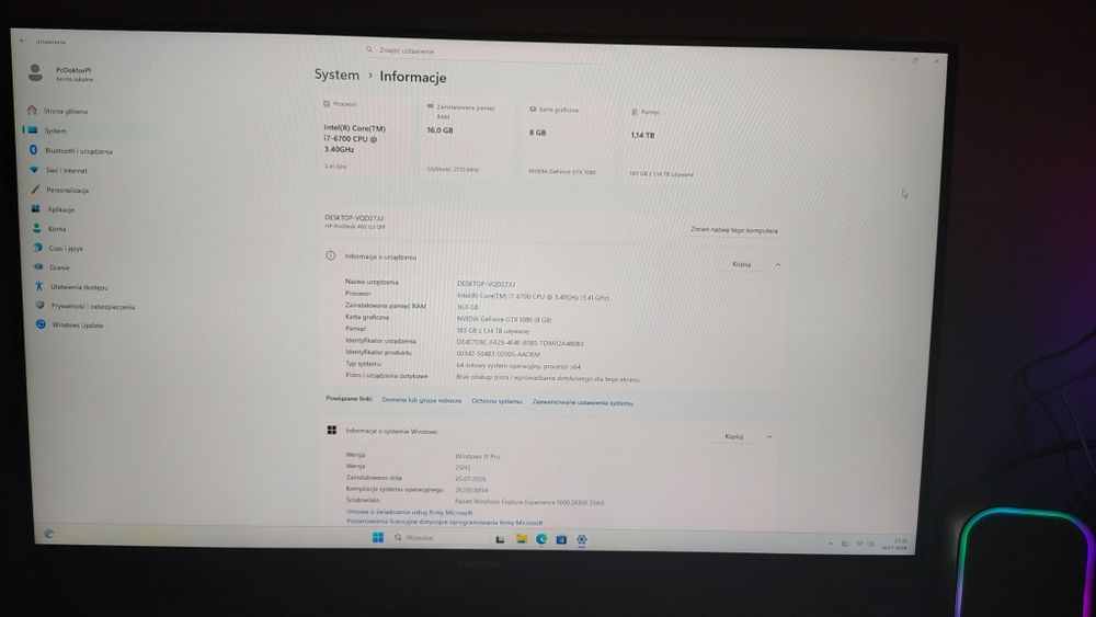Wydajny PC do gier, gwarancja ,i7 / GPU 8GB / 16GB RAM ddr4/ SSD+HDD 1 tb/Windows 11