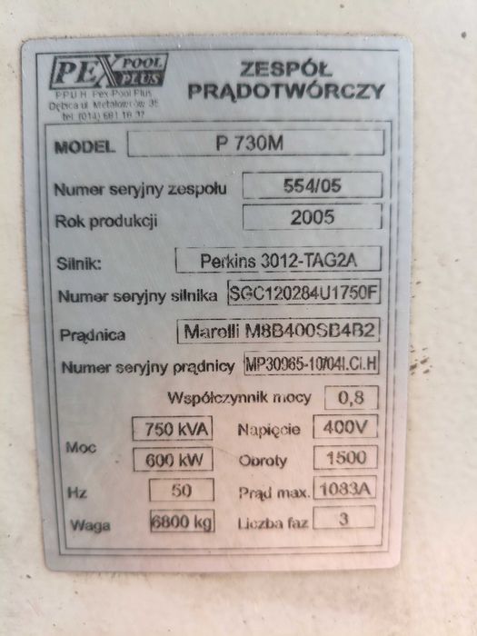 Agregat prądotwórczy 600kW/750kVA