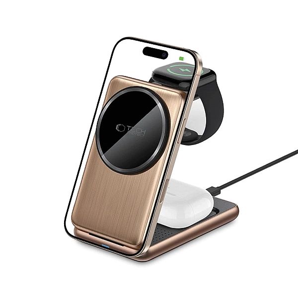 Ładowarka indukcyjna QI15W-A42/3w1 z MagSafe do urządzeń Appple - złot