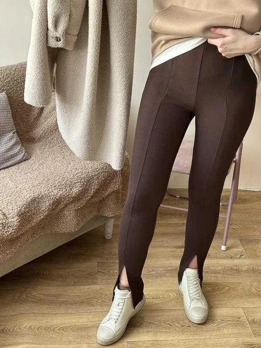 Шоколадні Лосини в рубчик з розрізами