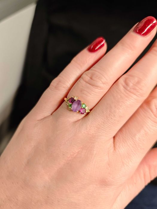 Złoty pierścionek Ametyst, Rodolity, Topazy